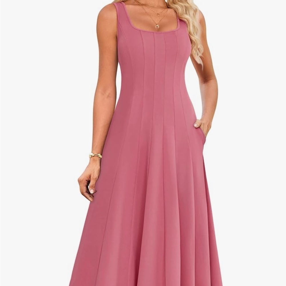 NWT Grace Karin Pink Square Neck Sleeveless A Line Midi Sundress w Pockets Sz L